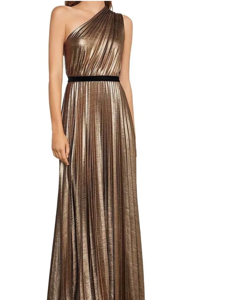 Bcbgmaxazria Metallic Pleated One-Shoulder Gown - L